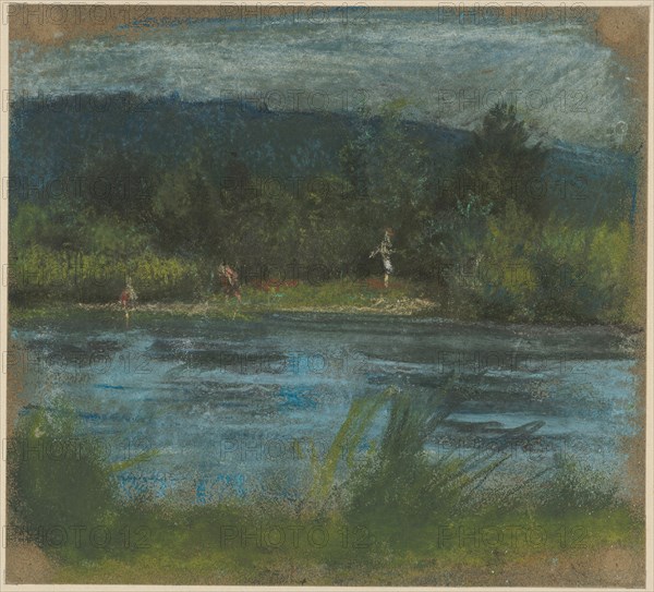 Riverside with three bathers in front of dark bushes., Behind it a blue mountain range, pastel on gray paper, sheet: 18.5 x 20.4 cm, unsigned, Albert Welti, Zürich 1862–1912 Bern