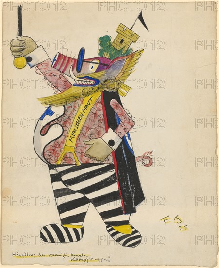 Chief of the united chaste combat troops, 1925, watercolor and ink, sheet: 30.6 x 25.2 cm, U. l., denoted by feather: chief of the united chaste combat troops, u, ., r., monogrammed and dated: F.B., 25, Fritz Baumann, Basel 1886–1942 Basel