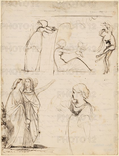 Young woman with child between flute and dancer sitting on floor., Women's group, wrapped in coats, maybe study on the way of the Marien to the grave - girl to the left, elbow, feather in brown, sheet: 25.5 x 19.5 cm, unsigned, Barthélemy Menn, Genf 1815–1893 Genf