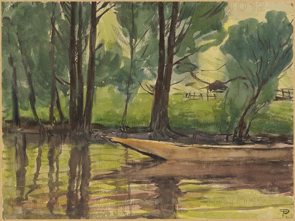 Weidling on the bank of a calm water, the green pastures and umhagtes meadow long skirt, watercolor on pencil, sheet: 23.7 x 31.7 cm, U. r., monogrammed with a brush: TP [ligated], Theophil Preiswerk, Basel 1846–1919 Basel