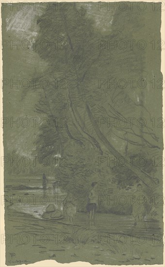 Bathers on wooded shore, pencil, heightened in white, on gray-green paper, sheet: 42 x 25.2 cm, U. l., Monogrammed and inscribed in pencil: TP [ligated], Lavagna, Theophil Preiswerk, Basel 1846–1919 Basel