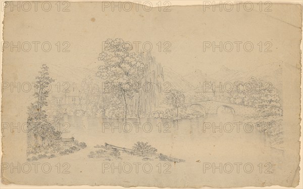 Landscape with church and monastery at a river mouth in the lake, pencil, sheet: 21 x 34.2 cm, not marked, Johann Rudolf Follenweider, Basel 1774–1847 Basel