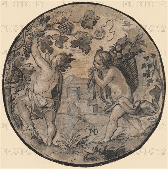 Two putti at harvest, feather in black, gray washed, heightened with white, on reddish-tinted paper, diameter: 15.6 cm, U. M. monogrammed with pen: HVF, Monogrammist HF (Hans Franck?), Montbovon um 1480–1522 Basel
