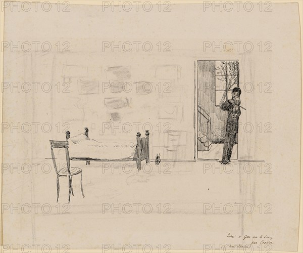 Bedroom with violinist, chalk and feather, sheet: 17 x 20.6 cm, U. r., inscribed with pen: laissé à Grez sur le Carny par Croker (... Ames Blanches), Max Klinger, Leipzig 1857–1920 Grossjena bei Naumburg