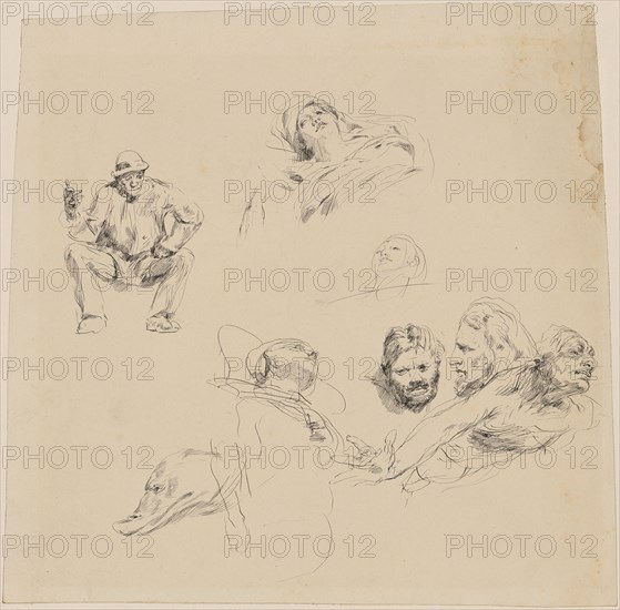 Study sheet with a seated man, three head studies, three figurative partial sketches and one animal head study, quill, sheet: 21.9 x 21.5 cm, 23, unmarked, Max Klinger, Leipzig 1857–1920 Grossjena bei Naumburg