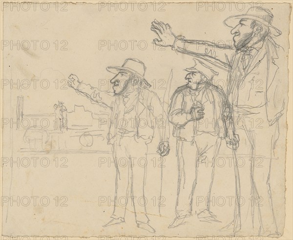 Three standing, left-facing men with a dismissive gesture in front of a leftward railway., One is varied in a smaller and larger version., Pencil, Sheet: 19.6 x 24.1 cm, Not marked, Hieronymus Hess, Basel 1799–1850 Basel