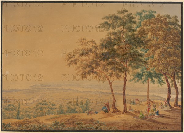 Landscape at the Bosphorus., On a hill in the foreground, 17 Turks are encamped by five trees., View of river and sea, watercolor over pencil, single-line rectangle edging, sheet: 24.3 x 33.9 cm, U. r., Signed and inscribed with pen: J J Falkeisen fec, Johann Jakob Falkeisen, Basel 1804–1883 Basel