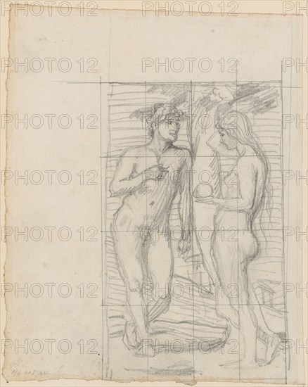 Adam and Eve, pencil, rectangular edging and quadrature grid, folia: 23 x 18.2 cm (largest mass), unmarked, Hans von Marées, Elberfeld 1837–1887 Rom