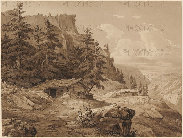 Swiss mountain landscape with three log cabins, ink, washed, sheet: 23.4 x 31 cm, not specified, Jakob Joseph Zelger, Stans 1812–1885 Luzern