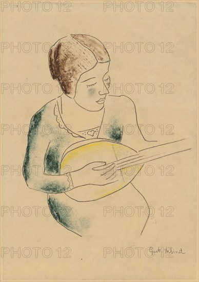 La mandoline, chalk in black and color, leaf: 20.5 x 17.2 cm, U. r., signed in pencil: Gust., DeSmet, Gustaaf de Smet, Gent 1877–1943 Deurle b. Gent