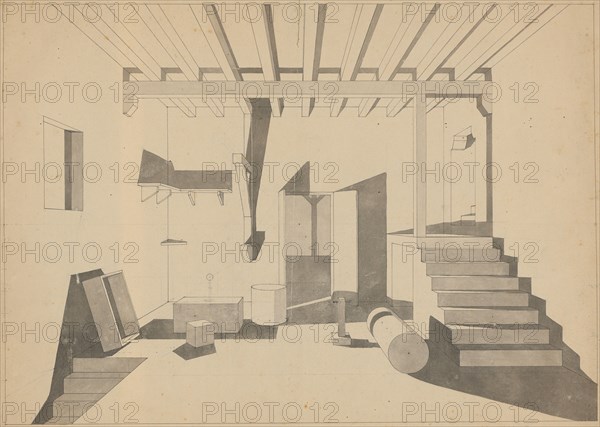 Perspective drawing of an interior with a window and an open door, a look into an arbor, pen and ink over a pencil, single-line rectangle edging, sheet: 33.3 x 45.5 cm, U. r., Signed in pencil: Kelterborn, Ludwig Adam Kelterborn, Hannover 1811–1878 Basel