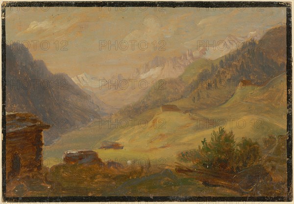 Landscape study on the Gotthard, Ticino side, oil on oil paper, broad black rectangle border, mounted on cardboard, sheet: 20.6 x 29.9 cm, not marked, Ludwig Adam Kelterborn, Hannover 1811–1878 Basel