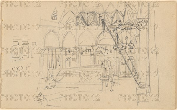 Sketch Sheet: 1: Inside of a Mosque, 1843, Pencil, Sheet: 11.4 x 18.5 cm, Unmarked, Johann Jakob Falkeisen, Basel 1804–1883 Basel