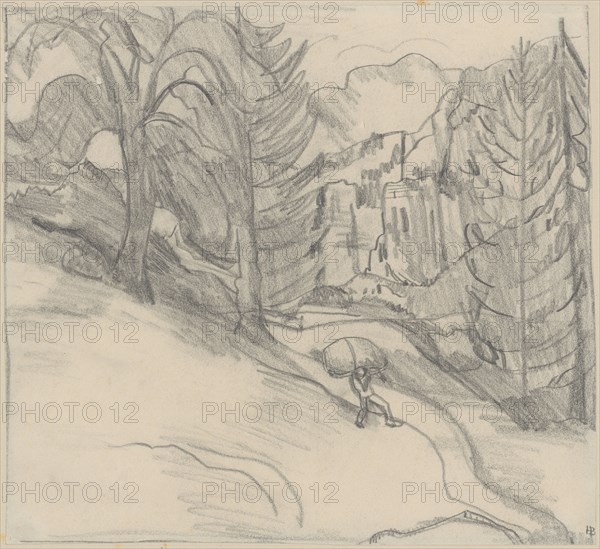 Woody mountain landscape with hunter, pencil, sheet: 25.7 x 28.4 cm, U. r., monogrammed with lead titan: HB [ligated], Hans Brühlmann, Amriswil/Thurgau 1878–1911 Stuttgart
