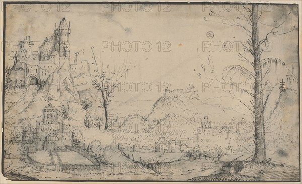 Landscape with city and castles, pen in black, sheet: 17.5 x 29 cm, not marked, Augustin Hirschvogel, (Kopie nach / copy after), Nürnberg 1503–1553 Wien