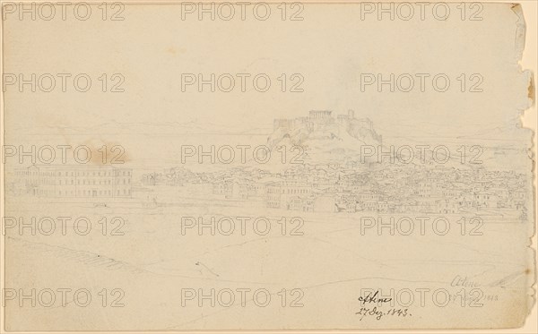 Sketch sheet: 3: Atene, 24 Luglio 1843 Panorama with Acropolis, 1843, pencil, verso: pencil, sheet: 11.4 x 18.5 cm, U. r., inscribed and dated in pencil: Atene, 24 Luglio 1843, u, ., r., with pen: Atene, Dec. 27, 1843, Johann Jakob Falkeisen, Basel 1804–1883 Basel