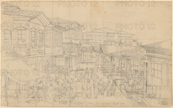 Sketch Sheet: 5: Turkish Street Life between the Bazaars, 1843, pencil, sheet: 11.4 x 18.5 cm, signed in pencil in pencil: il giarsi isole dei principi Agosto 1843, Johann Jakob Falkeisen, Basel 1804–1883 Basel