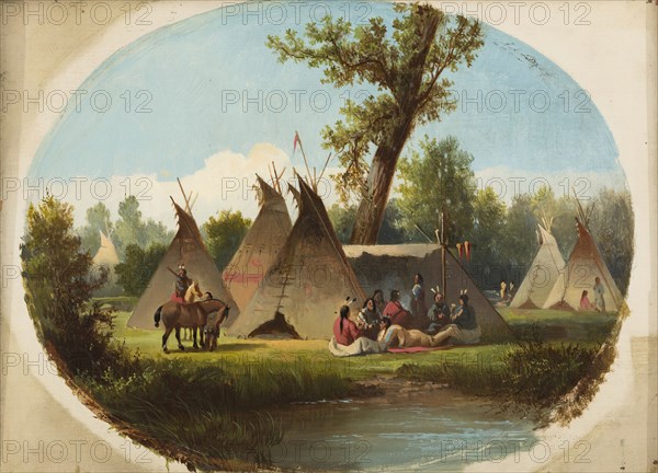 John Mix Stanley, American, 1814-1872, Assiniboin Encampment on the Upper Missouri, between 1860 and 1870, oil on canvas, Unframed: 7 7/8 × 10 7/8 inches (20 × 27.6 cm)