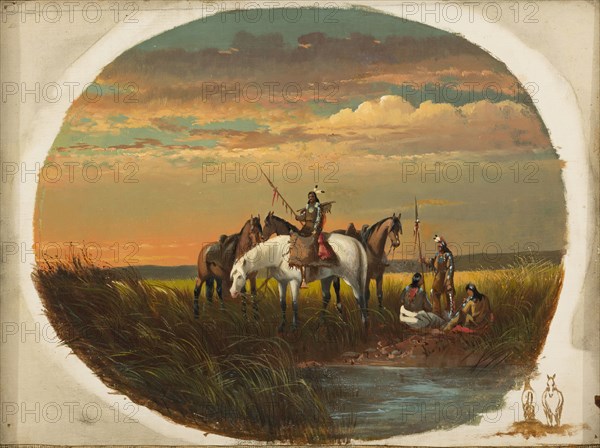 John Mix Stanley, American, 1814-1872, A Halt on the Prairie for a Smoke, between 1860 and 1872, oil on canvas, Unframed: 8 7/8 × 11 1/4 inches (22.5 × 28.6 cm)