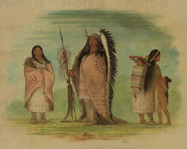 George Catlin, American, 1796-1872, Chief Black Rock with His Wife and Daughter, 1865, watercolor, Image: 14 1/2 × 19 1/2 inches (36.8 × 49.5 cm)