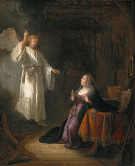 school of Rembrandt Harmensz van Rijn, Dutch, 1606-1669, The Annunciation, c. 1650/1655, Oil on oak panel, Unframed: 20 3/8 × 17 1/8 inches (51.8 × 43.5 cm)