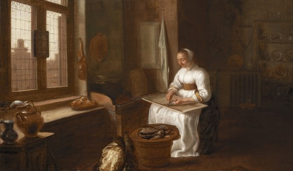 Hercules Sanders, Dutch, 1606- after 1673, A Woman Cleaning Fish, 1647, Oil on oak panel, Unframed: 16 1/2 × 27 3/4 inches (41.9 × 70.5 cm)