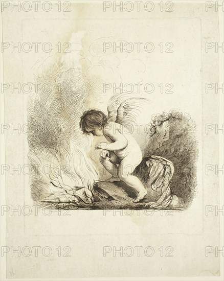 Adam von Bartsch, Austrian, 1756-1821, after Guercino (Giovanni Francesco Barbieri), Italian, 1591-1666, Cupid Burning his Weapons, 1805, etching printed in black ink on laid paper, Plate: 11 1/4 × 9 3/8 inches (28.6 × 23.8 cm)