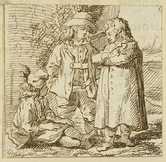 Adam von Bartsch, Austrian, 1756-1821, Three Youths, between late 18th and early 19th century, etching printed in brown ink on laid paper, Sheet (trimmed within plate mark): 3 3/8 × 3 3/8 inches (8.6 × 8.6 cm)
