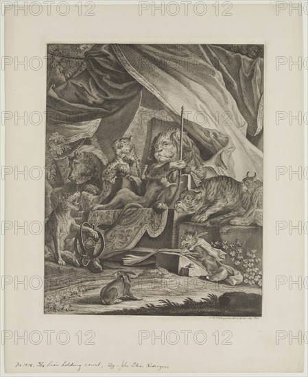 Johann Elias Ridinger, German, 1698-1769, Lion Holding Court, 18th century, etching and engraving printed in black ink on wove paper, Plate: 12 3/8 × 10 inches (31.4 × 25.4 cm)