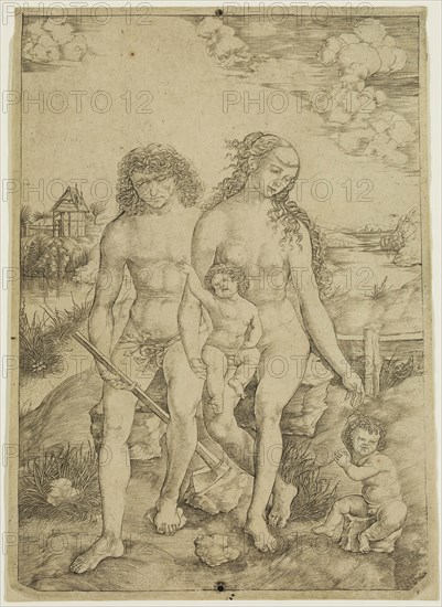 Cristofano di Michele Robetta, Italian, 1462-1552, Adam and Eve with Their Children, between 1462 and 1552, engraving printed in black ink on laid paper, Image: 9 3/4 × 7 inches (24.8 × 17.8 cm)