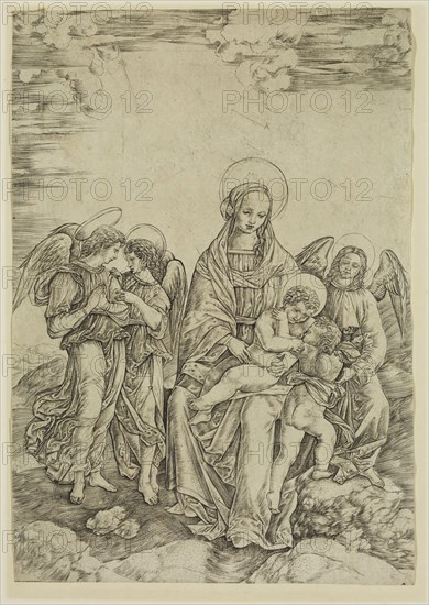 Cristofano di Michele Robetta, Italian, 1462-1552, Madonna and Child with John the Baptist and Three Angels, between 15th and 16th century, engraving printed in black ink on laid paper, Sheet (trimmed within plate mark): 9 3/4 × 6 3/4 inches (24.8 × 17.1 cm)
