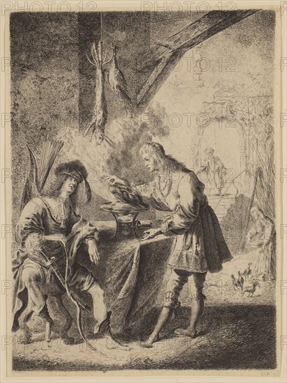 Pieter Rodermont, Dutch, after Rembrandt Harmensz van Rijn, Dutch, 1606-1669, Esau Selling His Birthright to Jacob, 17th century, etching and engraving printed in black ink on laid paper, Plate: 11 × 8 1/8 inches (27.9 × 20.6 cm)