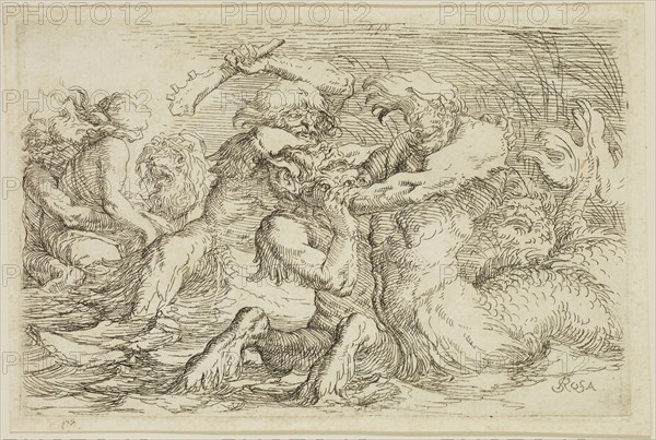 Salvator Rosa, Italian, 1615-1673, Combat of Tritons, 17th century, etching printed in black ink on laid paper, Plate: 4 1/4 × 6 1/2 inches (10.8 × 16.5 cm)