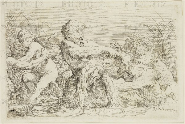 Salvator Rosa, Italian, 1615-1673, Three Battling Tritons with a Nereid, 17th century, etching printed in black ink on laid paper, Plate: 4 1/4 × 6 1/2 inches (10.8 × 16.5 cm)