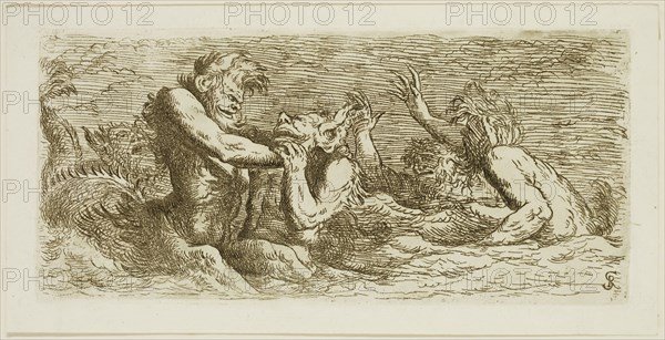 Salvator Rosa, Italian, 1615-1673, Combat of Tritons, 17th century, etching printed in brown-black ink on laid paper, Plate: 3 5/8 × 8 inches (9.2 × 20.3 cm)