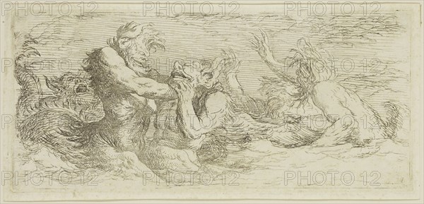 Salvator Rosa, Italian, 1615-1673, Battling Tritons, 17th century, etching printed in black ink on laid paper, Plate: 3 3/4 × 8 1/8 inches (9.5 × 20.6 cm)