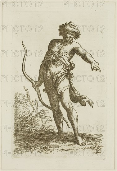 Salvator Rosa, Italian, 1615-1673, Man Nearly Naked Holding a Bow in his Right Hand, 17th century, etching printed in brown-black ink on laid paper, Plate: 5 5/8 × 3 1/2 inches (14.3 × 8.9 cm)