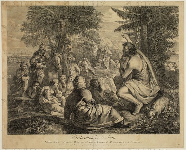 Jacques Philippe Le Bas, French, 1707-1783, after Pietro Francesco Mola, Italian, 1612-1666, Predication de Saint Jean, between 1707 and 1783, etching and engraving printed in black ink on laid paper, Plate: 7 1/4 × 21 1/4 inches (18.4 × 54 cm)