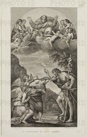 Francesco Rosaspina, Italian, 1760-1841, after Francesco Albani, Italian, 1578-1660, Baptism of Jesus Christ, between 18th and 19th century, Engraving printed in black ink on wove paper, Image: 13 × 7 1/4 inches (33 × 18.4 cm)