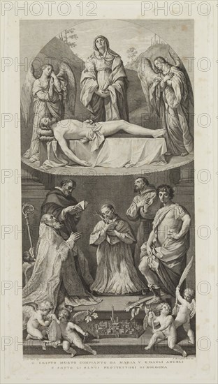 Francesco Rosaspina, Italian, 1760-1841, after Guido Reni, Italian, 1575-1642, Dead Christ Accompanied by the Virgin and Two Angels, between 18th and 19th century, Engraving printed in black ink on wove paper, Plate: 16 1/4 × 8 7/8 inches (41.3 × 22.5 cm)