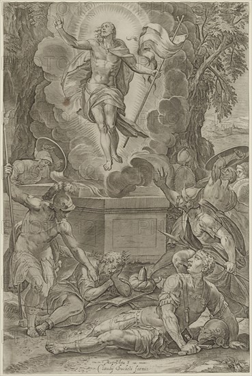 Martino Rota, Italian, 1520-1583, Resurrection of Christ, between 1520 and 1583, engraving printed in black ink on laid paper, Sheet (trimmed within plate mark): 17 × 11 1/4 inches (43.2 × 28.6 cm)
