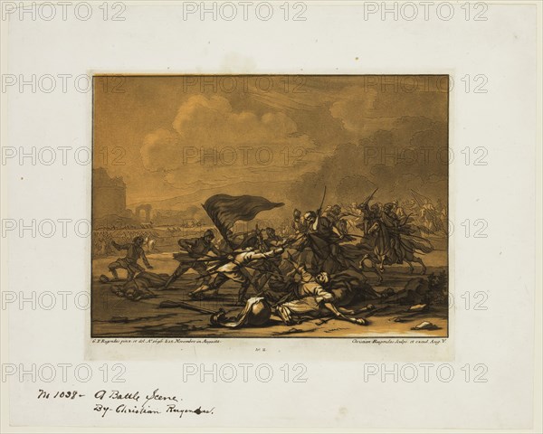 Christian Rugendas, German, 1708-1781, after Georg Philipp Rugendas, German, 1666-1742, Battle Scene, 18th century, etching and aquatint printed in color ink on laid paper, Plate: 7 × 8 7/8 inches (17.8 × 22.5 cm)