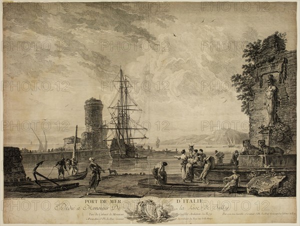 Jacques Philippe Le Bas, French, 1707-1783, after Claude Joseph Vernet, French, 1714-1789, Port de mer d'Italie, between 1707 and 1783, etching and engraving printed in black ink on laid paper, Sheet (trimmed within plate mark): 18 1/2 × 24 3/8 inches (47 × 61.9 cm)