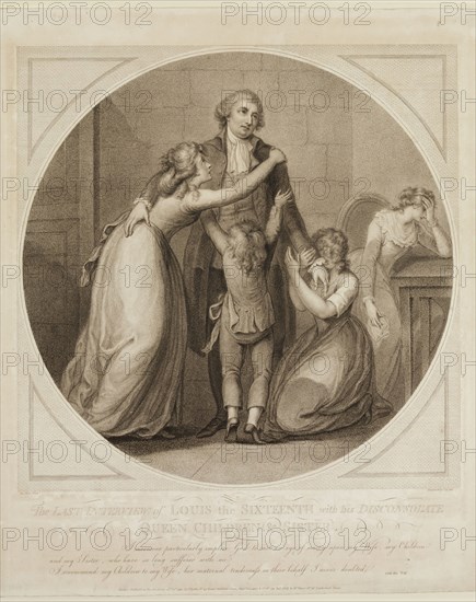 Thomas Ryder, English, 1746-1810, The Last Interview of Louis XVI with His Family, 1794, stipple engraving printed in black ink on laid paper, Sheet (trimmed within plate mark): 16 × 14 1/8 inches (40.6 × 35.9 cm)