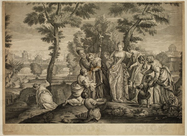 Jacques Philippe Le Bas, French, 1707-1783, after Paolo Veronese, Italian, 1528-1588, The Finding of Moses, between 1707 and 1783, etching and engraving printed in black ink on laid paper, Plate: 17 3/8 × 23 1/2 inches (44.1 × 59.7 cm)