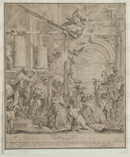 Carlo Sacchi, Italian, 1617-1706, after Paolo Veronese, Italian, 1528-1588, Adoration of the Magi, 1649, etching printed in black ink on laid paper, Sheet (trimmed within plate mark): 19 1/2 × 16 1/4 inches (49.5 × 41.3 cm)