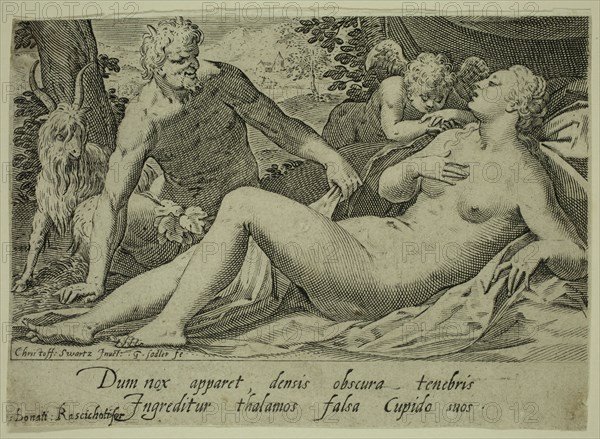 Aegidius Sadeler II, Flemish, 1570-1629, Satyr Approaching Venus, between late 16th and early 17th century, engraving printed in black ink on laid paper, Sheet (trimmed within plate mark): 3 3/4 × 5 1/4 inches (9.5 × 13.3 cm)