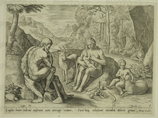 Johannes Sadeler, Netherlandish, 1550-1600, after Crispin van den Broeck, Netherlandish, 1524-1591, The First Parents, Eve Suckling One of Her Children, late 16th century, engraving printed in black ink on laid paper, Plate: 7 7/8 × 10 5/8 inches (20 × 27 cm)