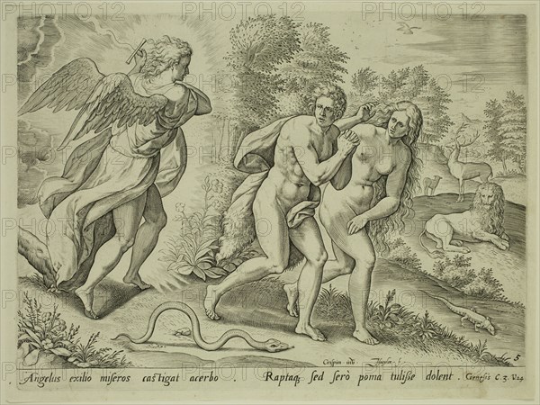 Johannes Sadeler, Netherlandish, 1550-1600, after Crispin van den Broeck, Netherlandish, 1524-1591, The Angel Expelling Adam and Eve from Paradise, between 1550 and 1600, engraving printed in black ink on laid paper, Plate: 7 7/8 × 10 5/8 inches (20 × 27 cm)