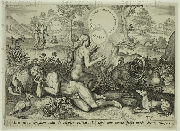 Johannes Sadeler, Netherlandish, 1550-1600, after Crispin van den Broeck, Netherlandish, 1524-1591, Creation of Eve, late 16th century, engraving printed in black ink on laid paper, Plate: 7 5/8 × 10 1/2 inches (19.4 × 26.7 cm)